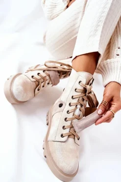 New Maciejka Skórzane Botki Workery Beżowe 05219-04