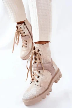 New Maciejka Skórzane Botki Workery Beżowe 05219-04