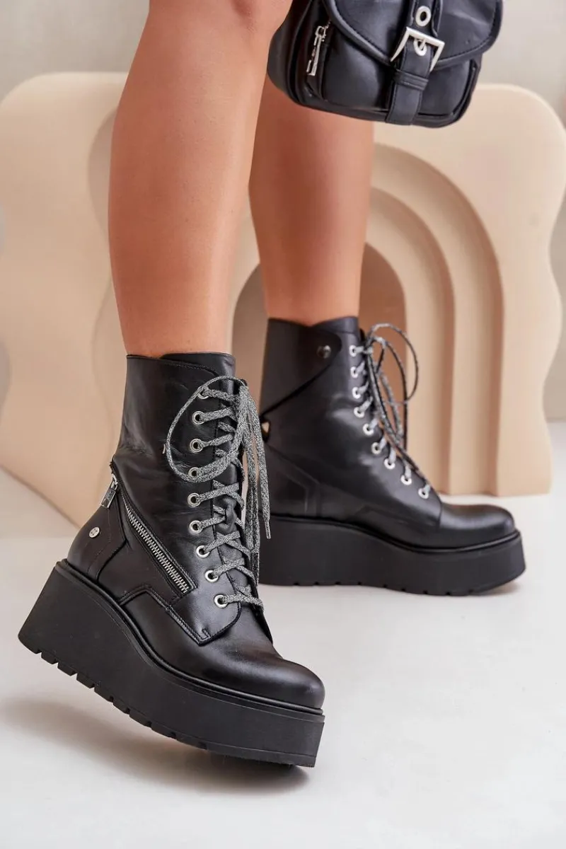 Best Skórzane Botki Workery Na Platformie I Koturnie 06676-01 Czarne Damskie Botki Ocieplane|Botki Maciejka