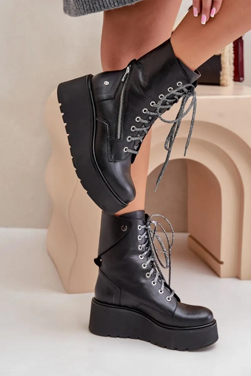 Best Skórzane Botki Workery Na Platformie I Koturnie 06676-01 Czarne Damskie Botki Ocieplane|Botki Maciejka