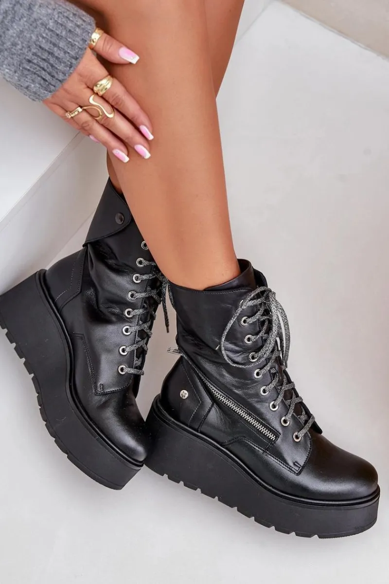 Best Skórzane Botki Workery Na Platformie I Koturnie 06676-01 Czarne Damskie Botki Ocieplane|Botki Maciejka