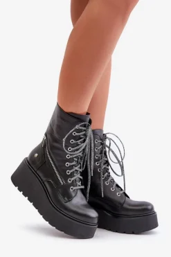 Best Skórzane Botki Workery Na Platformie I Koturnie 06676-01 Czarne Damskie Botki Ocieplane|Botki Maciejka