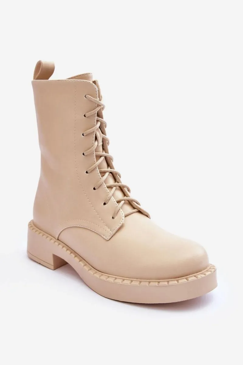 Botki Sznurowane|Brązowe I Beżowe Botki>Boto Skórzane Botki Workery Na Płaskim Obcasie Jasnobeżowe Aganne