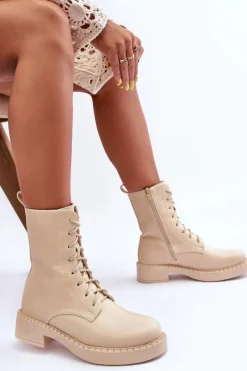 Botki Sznurowane|Brązowe I Beżowe Botki>Boto Skórzane Botki Workery Na Płaskim Obcasie Jasnobeżowe Aganne