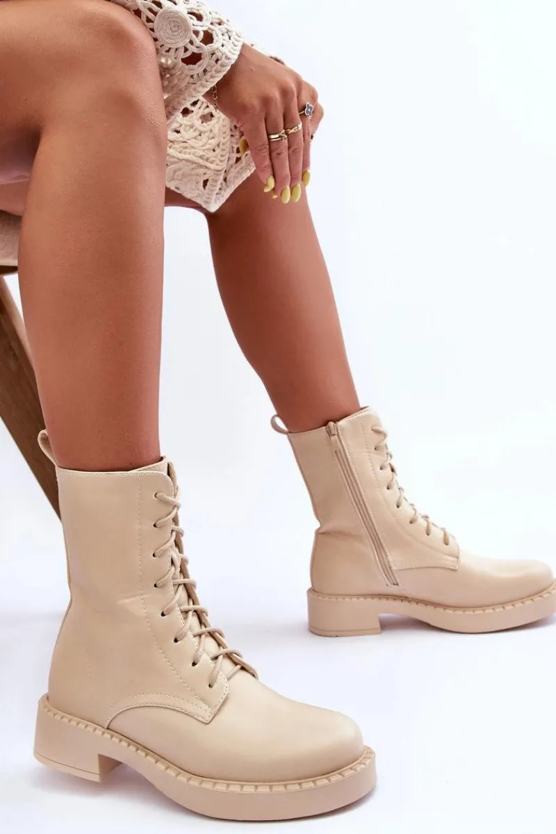 Botki Sznurowane|Brązowe I Beżowe Botki>Boto Skórzane Botki Workery Na Płaskim Obcasie Jasnobeżowe Aganne