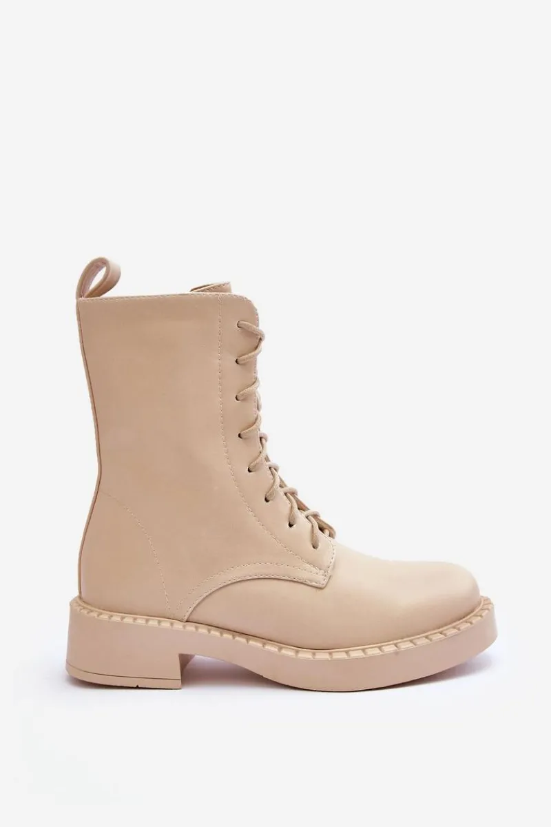 Botki Sznurowane|Brązowe I Beżowe Botki>Boto Skórzane Botki Workery Na Płaskim Obcasie Jasnobeżowe Aganne