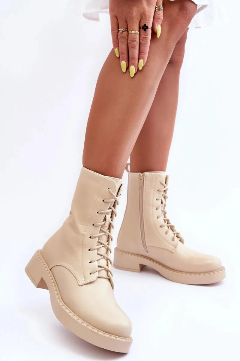 Botki Sznurowane|Brązowe I Beżowe Botki>Boto Skórzane Botki Workery Na Płaskim Obcasie Jasnobeżowe Aganne