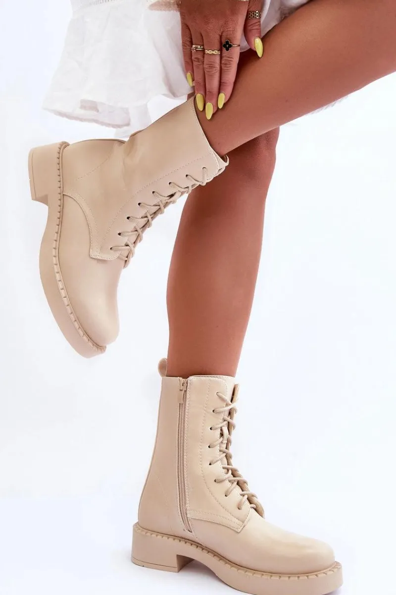 Botki Sznurowane|Brązowe I Beżowe Botki>Boto Skórzane Botki Workery Na Płaskim Obcasie Jasnobeżowe Aganne