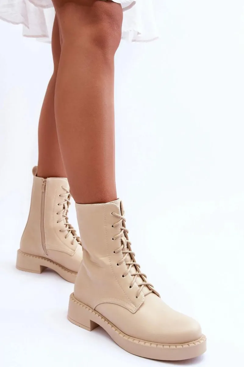 Botki Sznurowane|Brązowe I Beżowe Botki>Boto Skórzane Botki Workery Na Płaskim Obcasie Jasnobeżowe Aganne