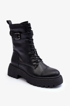 Sale Skórzane Botki Workery Na Płaskim Obcasie Z Klamrą Czarne Samivlo Damskie Botki Sznurowane|Czarne Botki