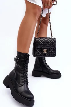 Sale Skórzane Botki Workery Na Płaskim Obcasie Z Klamrą Czarne Samivlo Damskie Botki Sznurowane|Czarne Botki