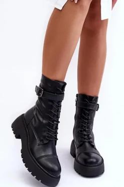 Sale Skórzane Botki Workery Na Płaskim Obcasie Z Klamrą Czarne Samivlo Damskie Botki Sznurowane|Czarne Botki