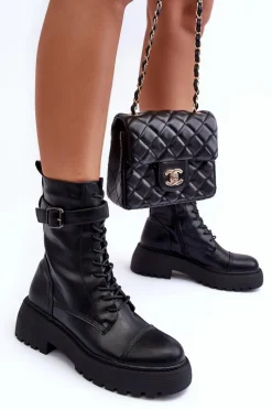 Sale Skórzane Botki Workery Na Płaskim Obcasie Z Klamrą Czarne Samivlo Damskie Botki Sznurowane|Czarne Botki