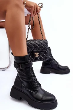 Sale Skórzane Botki Workery Na Płaskim Obcasie Z Klamrą Czarne Samivlo Damskie Botki Sznurowane|Czarne Botki