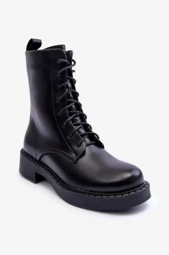 Discount Boto Skórzane Botki Workery Na Płaskim Obcasie Czarne Aganne