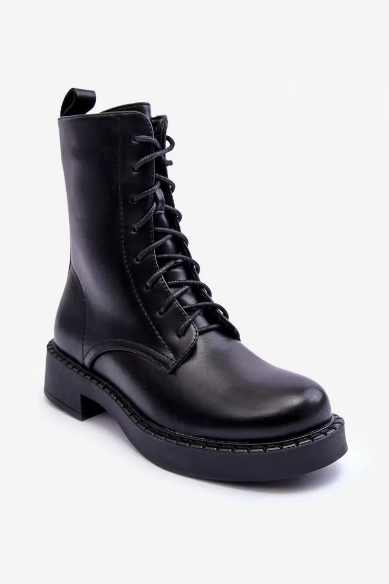 Discount Boto Skórzane Botki Workery Na Płaskim Obcasie Czarne Aganne