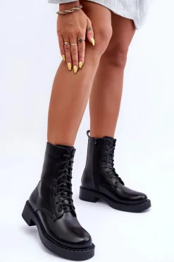 Discount Boto Skórzane Botki Workery Na Płaskim Obcasie Czarne Aganne