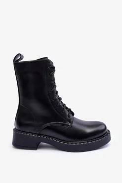 Discount Boto Skórzane Botki Workery Na Płaskim Obcasie Czarne Aganne