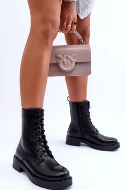 Discount Boto Skórzane Botki Workery Na Płaskim Obcasie Czarne Aganne