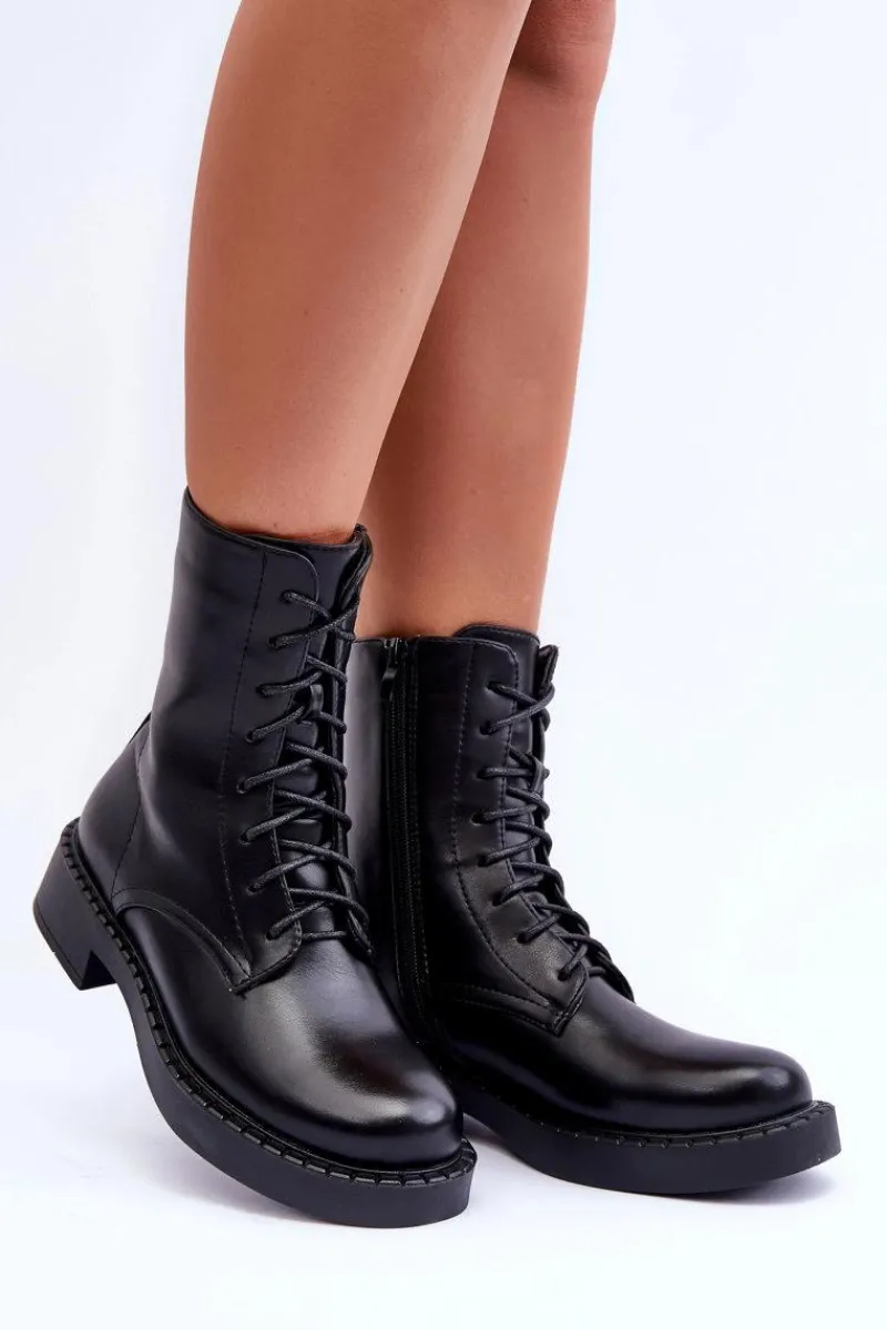 Discount Boto Skórzane Botki Workery Na Płaskim Obcasie Czarne Aganne