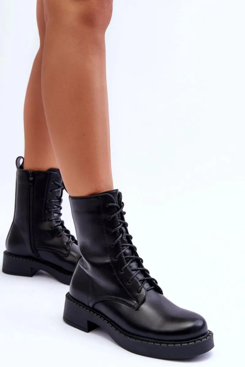 Discount Boto Skórzane Botki Workery Na Płaskim Obcasie Czarne Aganne