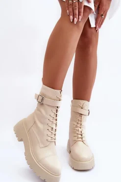 Botki Sznurowane|Brązowe I Beżowe Botki>Boto Skórzane Botki Workery Na Płaskim Obcasie Z Klamrą Jasnobeżowe Samivlo