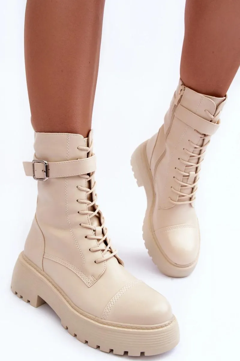 Botki Sznurowane|Brązowe I Beżowe Botki>Boto Skórzane Botki Workery Na Płaskim Obcasie Z Klamrą Jasnobeżowe Samivlo
