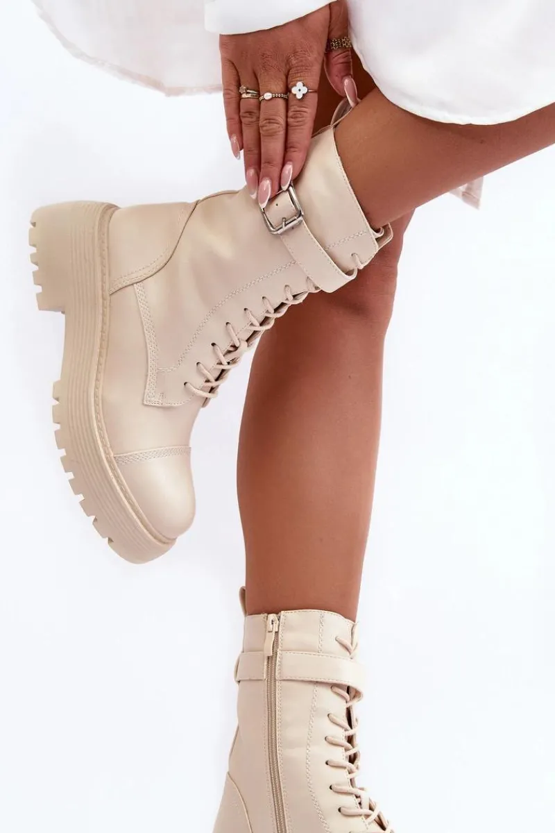 Botki Sznurowane|Brązowe I Beżowe Botki>Boto Skórzane Botki Workery Na Płaskim Obcasie Z Klamrą Jasnobeżowe Samivlo