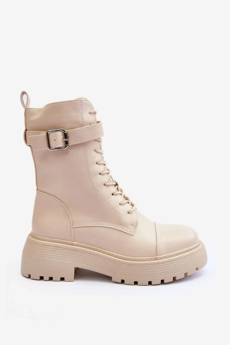 Botki Sznurowane|Brązowe I Beżowe Botki>Boto Skórzane Botki Workery Na Płaskim Obcasie Z Klamrą Jasnobeżowe Samivlo