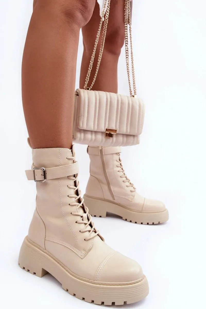Botki Sznurowane|Brązowe I Beżowe Botki>Boto Skórzane Botki Workery Na Płaskim Obcasie Z Klamrą Jasnobeżowe Samivlo