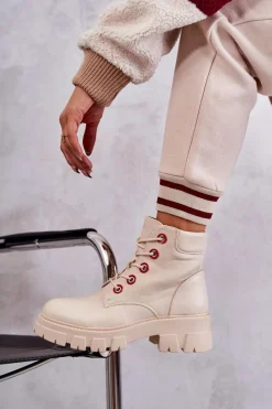 Best Skórzane Botki Workery Na Suwak Beżowe Messa Damskie Botki Sznurowane|Botki Zimowe Damskie