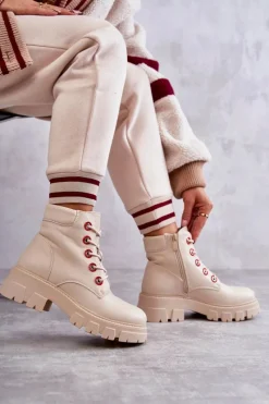 Best Skórzane Botki Workery Na Suwak Beżowe Messa Damskie Botki Sznurowane|Botki Zimowe Damskie