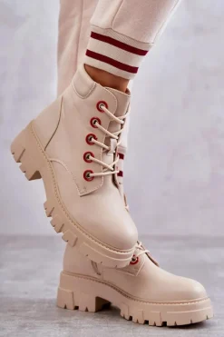 Best Skórzane Botki Workery Na Suwak Beżowe Messa Damskie Botki Sznurowane|Botki Zimowe Damskie