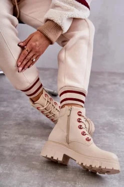 Best Skórzane Botki Workery Na Suwak Beżowe Messa Damskie Botki Sznurowane|Botki Zimowe Damskie