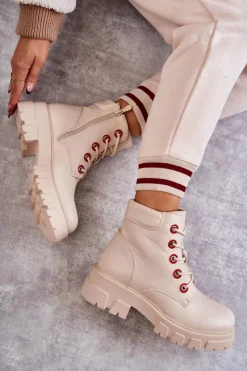 Best Skórzane Botki Workery Na Suwak Beżowe Messa Damskie Botki Sznurowane|Botki Zimowe Damskie