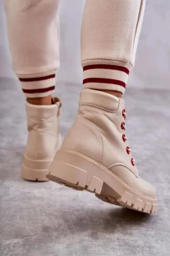 Best Skórzane Botki Workery Na Suwak Beżowe Messa Damskie Botki Sznurowane|Botki Zimowe Damskie