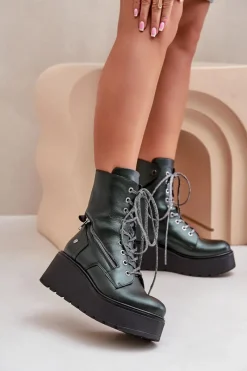 Clearance Maciejka Skórzane Botki Workery Na Platformie I Koturnie 06676-09 Zielone Zielony