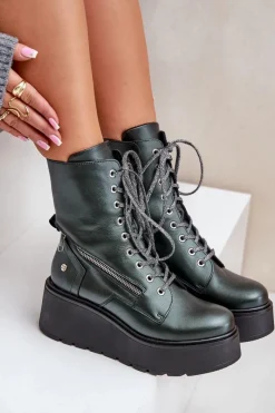 Clearance Maciejka Skórzane Botki Workery Na Platformie I Koturnie 06676-09 Zielone Zielony