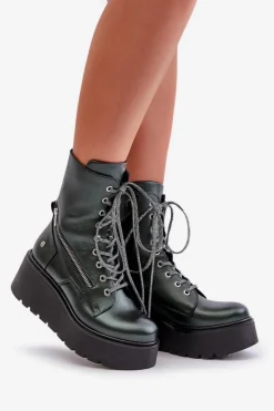 Clearance Maciejka Skórzane Botki Workery Na Platformie I Koturnie 06676-09 Zielone Zielony