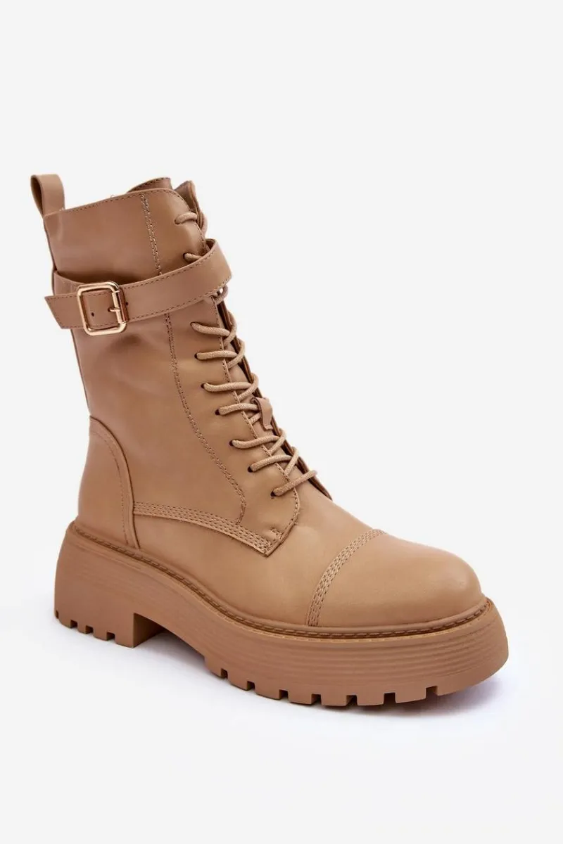 Botki Sznurowane|Brązowe I Beżowe Botki>Boto Skórzane Botki Workery Na Płaskim Obcasie Z Klamrą Beżowe Samivlo