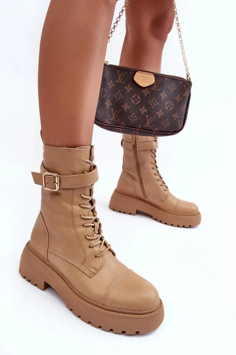 Botki Sznurowane|Brązowe I Beżowe Botki>Boto Skórzane Botki Workery Na Płaskim Obcasie Z Klamrą Beżowe Samivlo