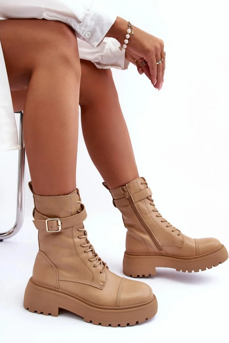 Botki Sznurowane|Brązowe I Beżowe Botki>Boto Skórzane Botki Workery Na Płaskim Obcasie Z Klamrą Beżowe Samivlo