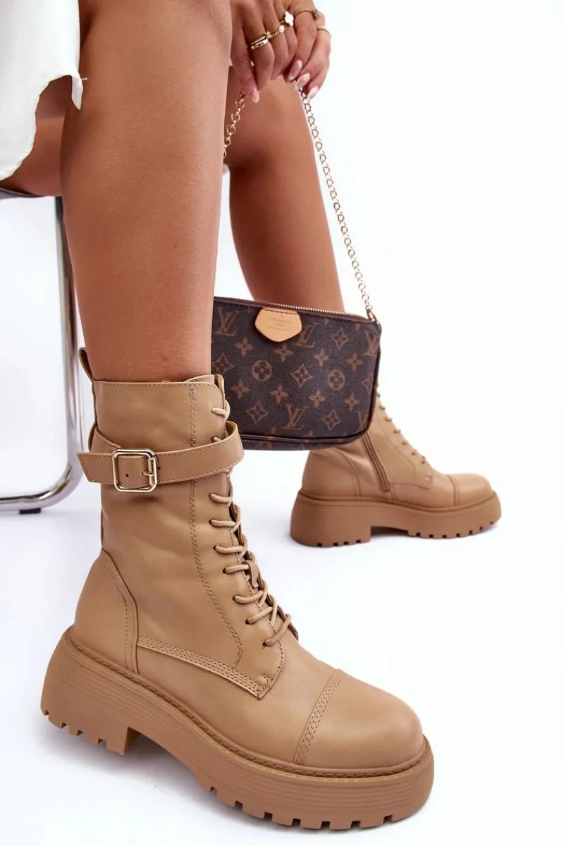 Botki Sznurowane|Brązowe I Beżowe Botki>Boto Skórzane Botki Workery Na Płaskim Obcasie Z Klamrą Beżowe Samivlo
