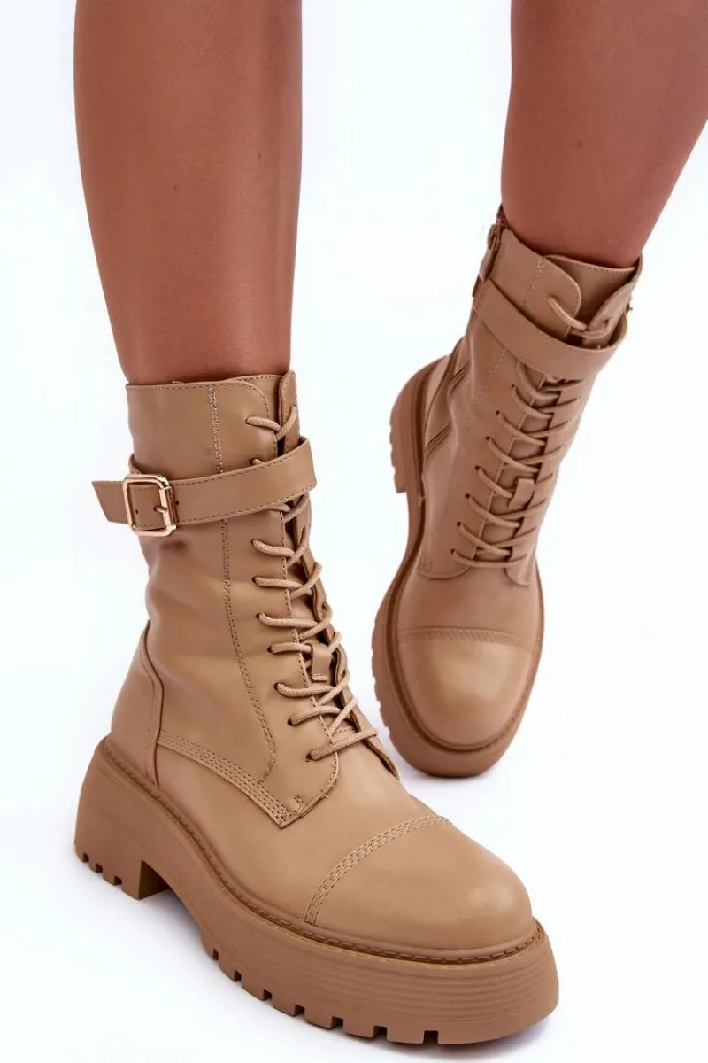 Botki Sznurowane|Brązowe I Beżowe Botki>Boto Skórzane Botki Workery Na Płaskim Obcasie Z Klamrą Beżowe Samivlo