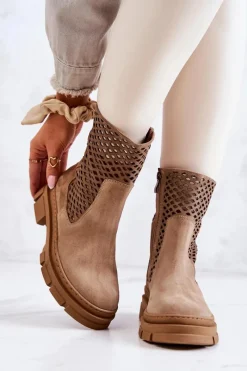 Boto Skórzane Botki Workery Nicole Jasnobrązowe 2711 Brązowy