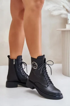 Hot Boto Skórzane Botki Workery Ocieplane Na Zamek Z Ozdobą Czarne Lorevine
