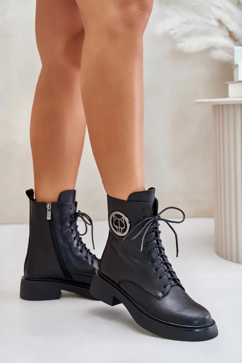 Hot Boto Skórzane Botki Workery Ocieplane Na Zamek Z Ozdobą Czarne Lorevine