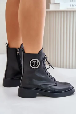 Hot Boto Skórzane Botki Workery Ocieplane Na Zamek Z Ozdobą Czarne Lorevine