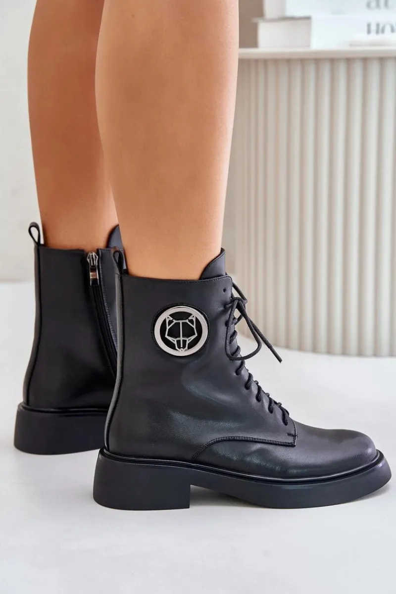 Hot Boto Skórzane Botki Workery Ocieplane Na Zamek Z Ozdobą Czarne Lorevine