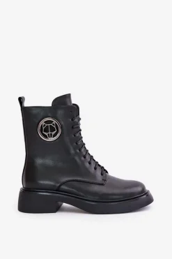 Hot Boto Skórzane Botki Workery Ocieplane Na Zamek Z Ozdobą Czarne Lorevine